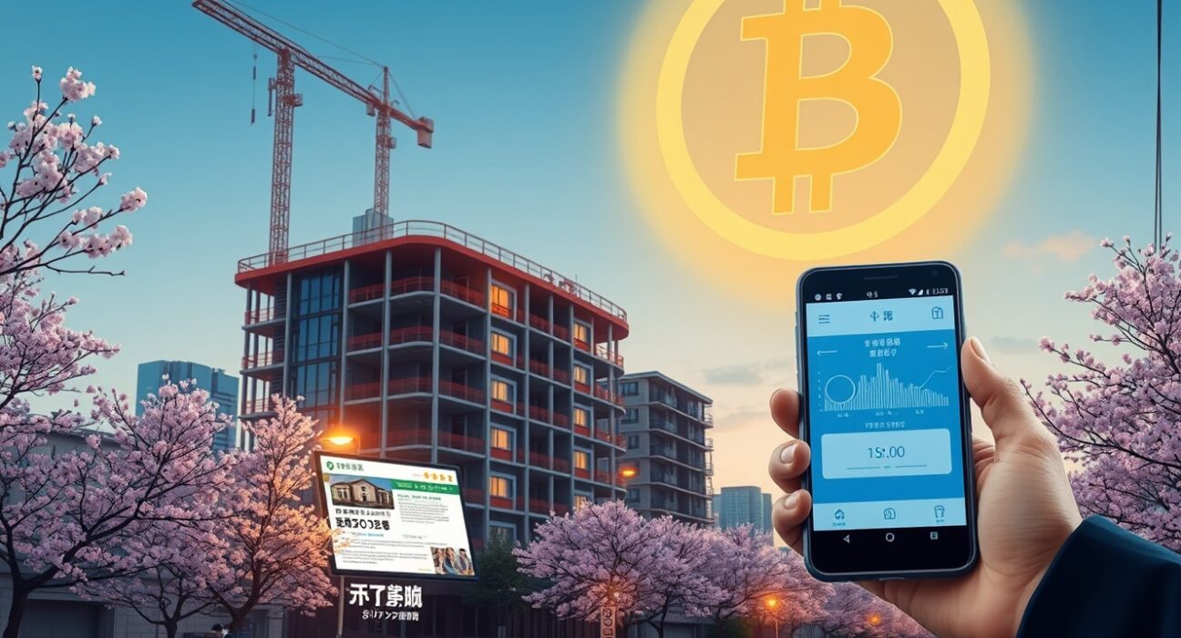 Japan crypto money laundering risk in real estate deals illustrated with a Bitcoin hologram over a Tokyo property