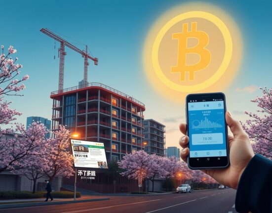 Japan crypto money laundering risk in real estate deals illustrated with a Bitcoin hologram over a Tokyo property