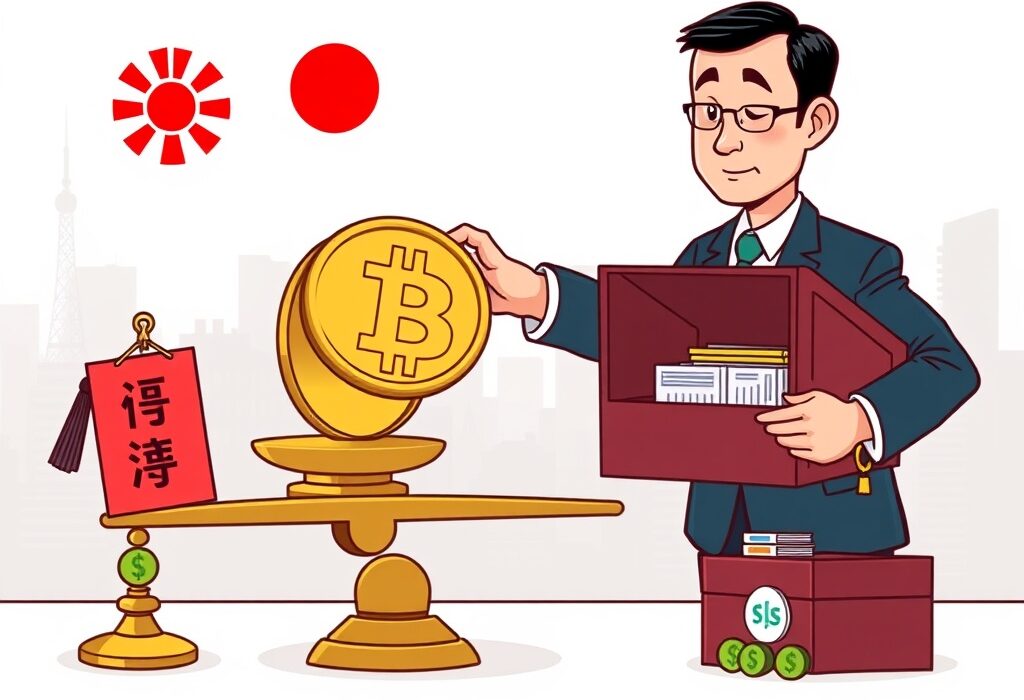 A cartoon depiction of Japan's FSA integrating crypto assets into a secure regulatory framework, highlighting Japan crypto regulation.
