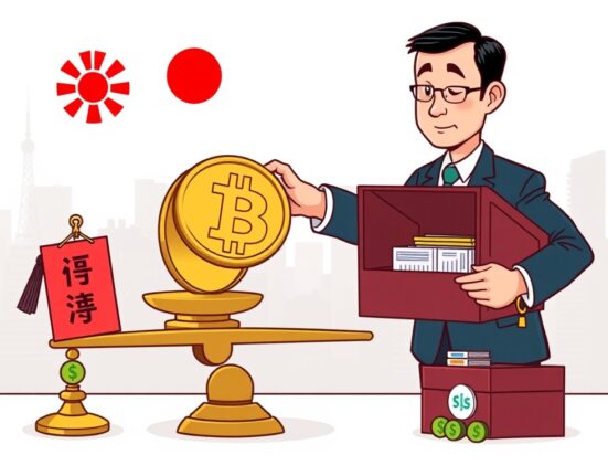 A cartoon depiction of Japan's FSA integrating crypto assets into a secure regulatory framework, highlighting Japan crypto regulation.