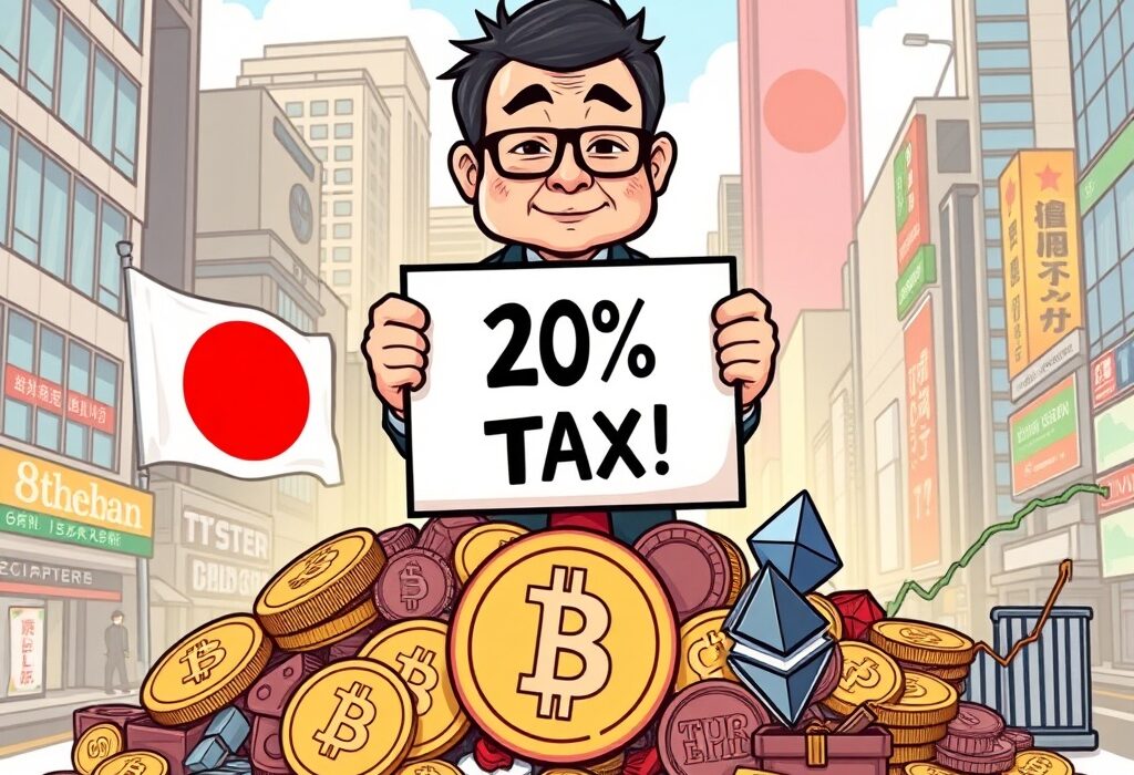 A cartoon illustration symbolizing Japan's proposed crypto tax overhaul, moving to a 20% flat rate for investors.
