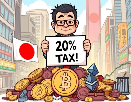A cartoon illustration symbolizing Japan's proposed crypto tax overhaul, moving to a 20% flat rate for investors.