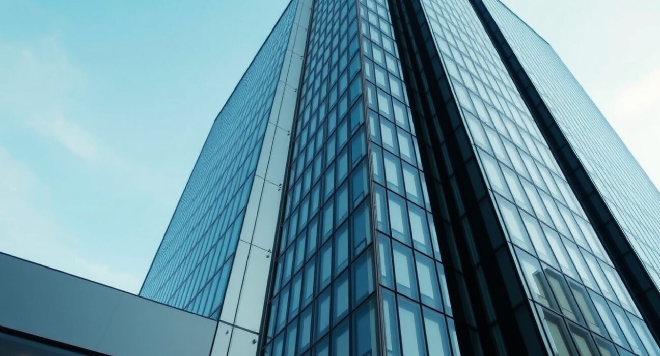 Modern office building in Tokyo's business district, representing Japan's corporate service sector.