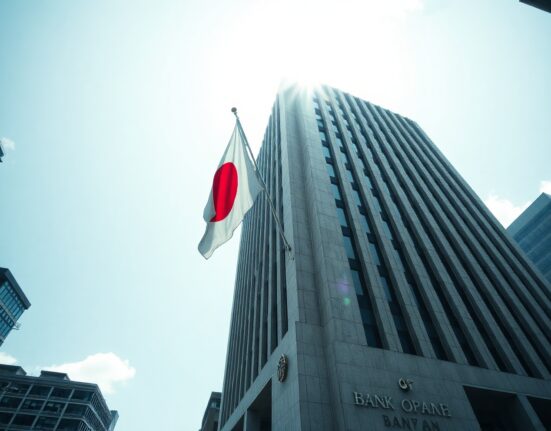 Bank of Japan headquarters in Tokyo on a clear day, symbolizing the central bank's role in setting monetary policy.
