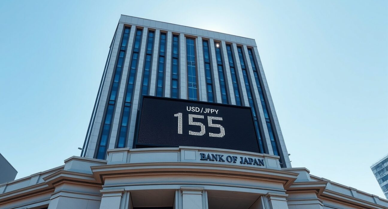 Bank of Japan headquarters with USD/JPY exchange rate display showing yen support after currency intervention