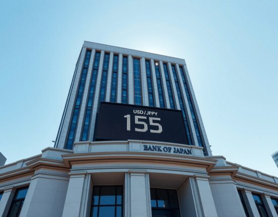 Bank of Japan headquarters with USD/JPY exchange rate display showing yen support after currency intervention