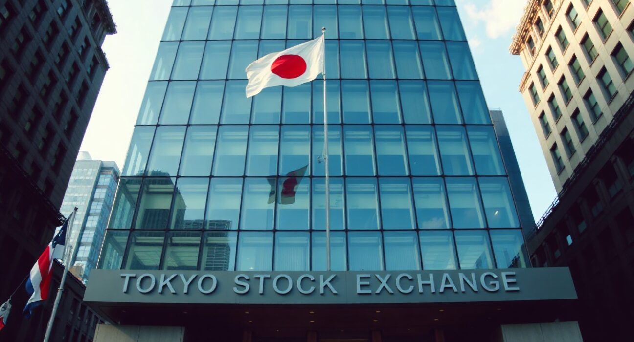 Tokyo Stock Exchange building with Japanese flag on a clear day