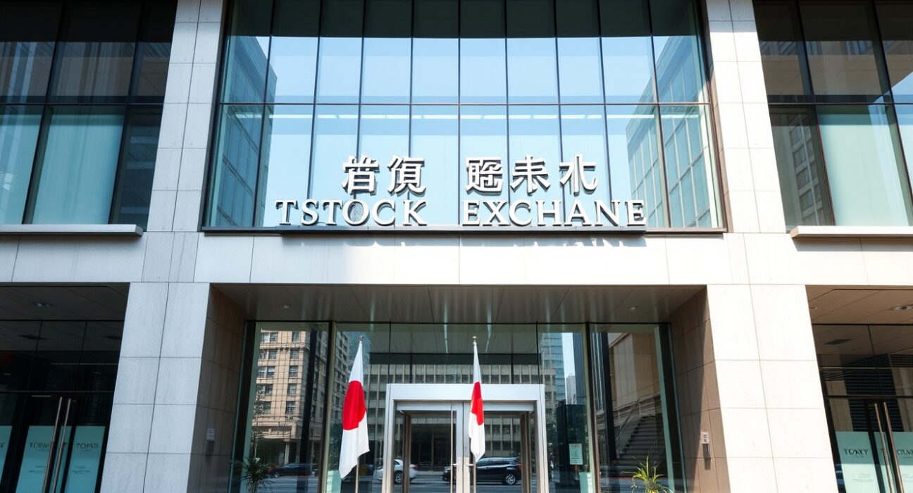 Exterior view of the Tokyo Stock Exchange building on a clear day