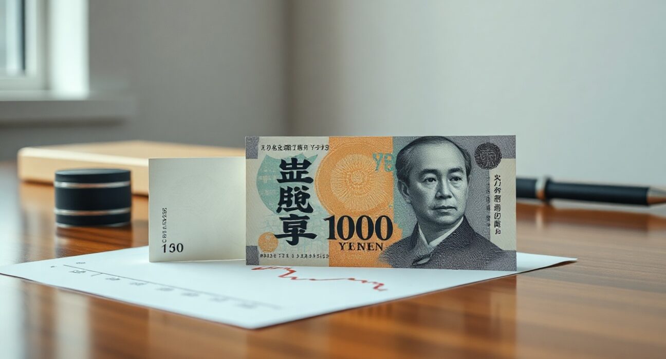 Japanese yen banknote and financial chart illustrating current account surplus and yen weakness analysis by Commerzbank