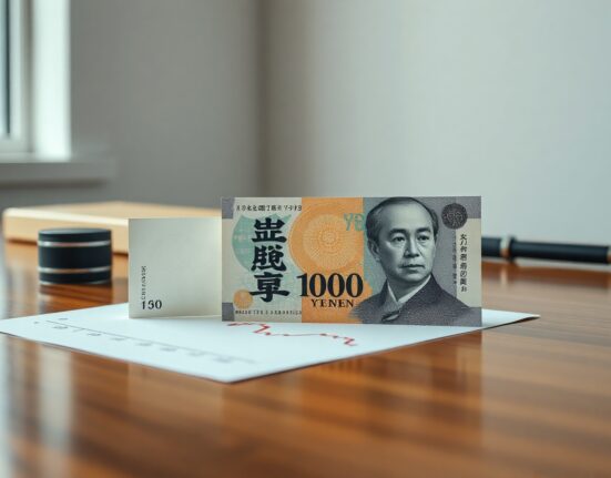 Japanese yen banknote and financial chart illustrating current account surplus and yen weakness analysis by Commerzbank