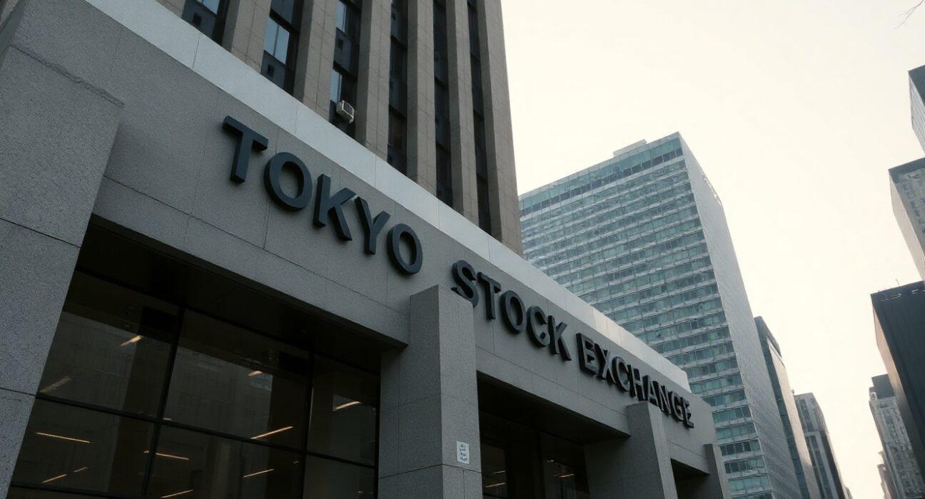 Tokyo Stock Exchange building on a clear day, representing Japan's financial markets.