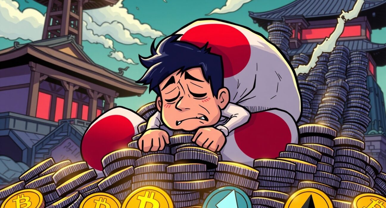 Cartoon showing Japan's debt crisis leading to a potential boon for crypto investments, with digital currency symbols glowing.