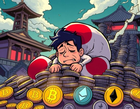 Cartoon showing Japan's debt crisis leading to a potential boon for crypto investments, with digital currency symbols glowing.