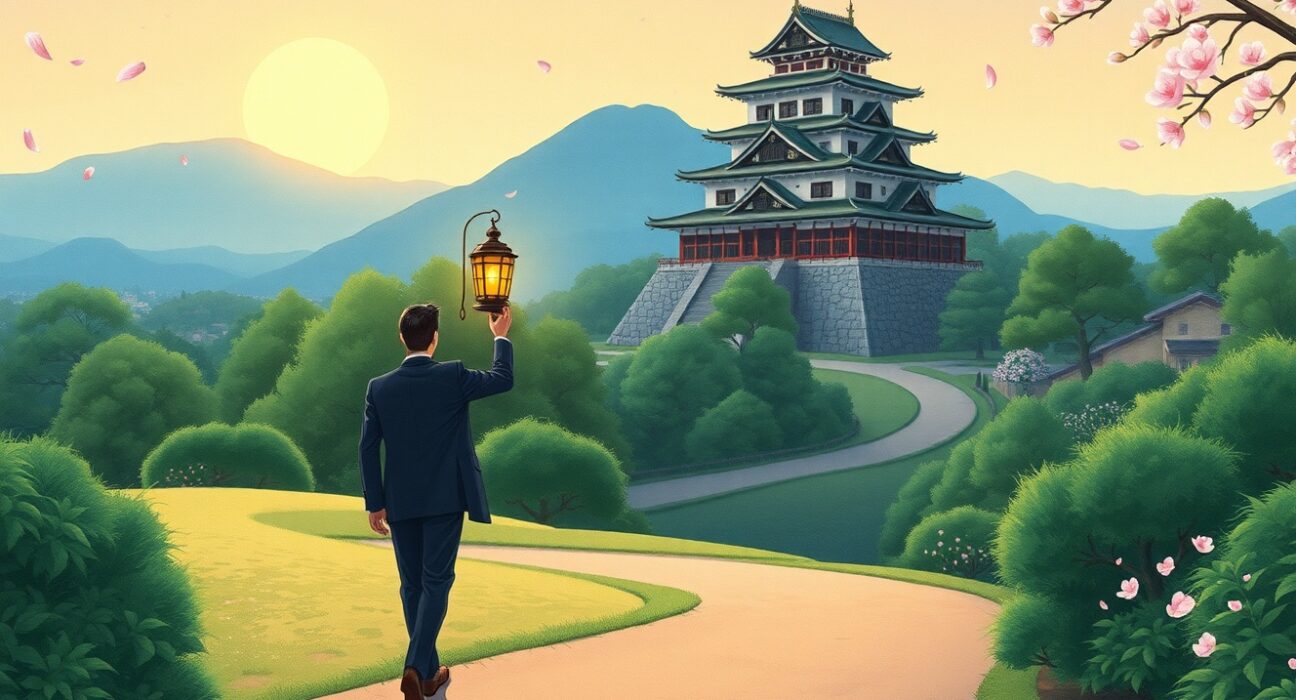 Symbolic Ghibli-style art representing Japan's journey toward fiscal sustainability and lowering the debt-to-GDP ratio.