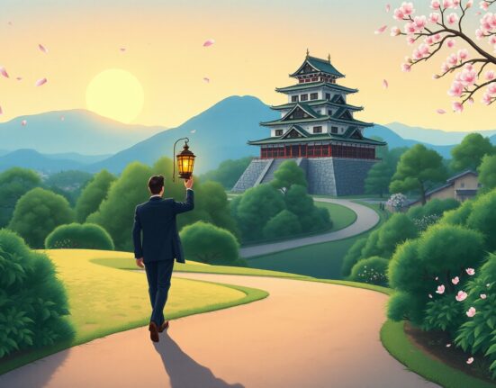 Symbolic Ghibli-style art representing Japan's journey toward fiscal sustainability and lowering the debt-to-GDP ratio.