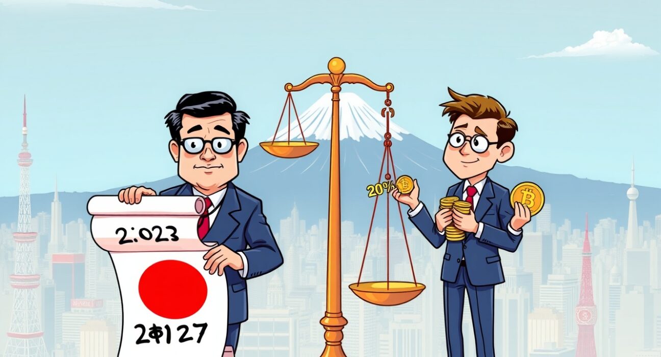 Cartoon illustrating Japan's delayed crypto tax implementation decision between government and investors.
