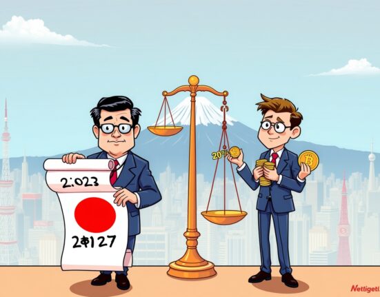 Cartoon illustrating Japan's delayed crypto tax implementation decision between government and investors.