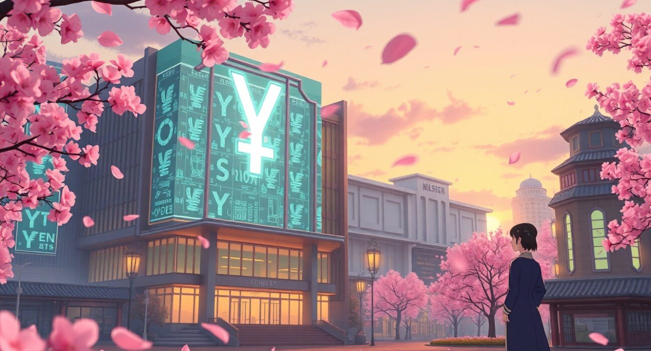 Japanese Finance Minister's plan to integrate digital assets into the traditional financial system visualized in Ghibli style.