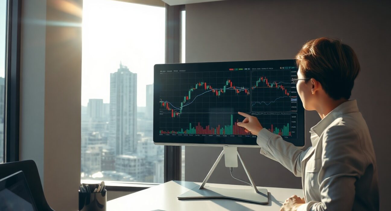 Financial analyst in Tokyo office reviewing economic charts on a digital screen.