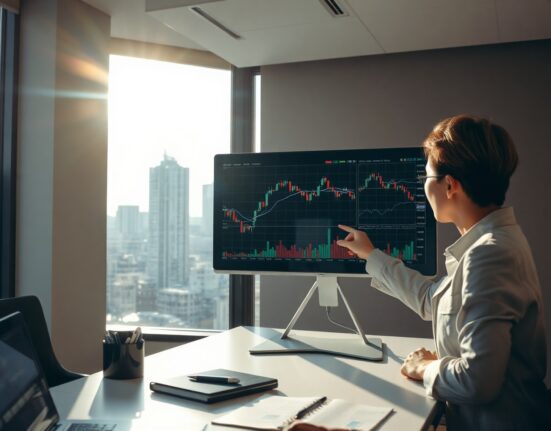 Financial analyst in Tokyo office reviewing economic charts on a digital screen.