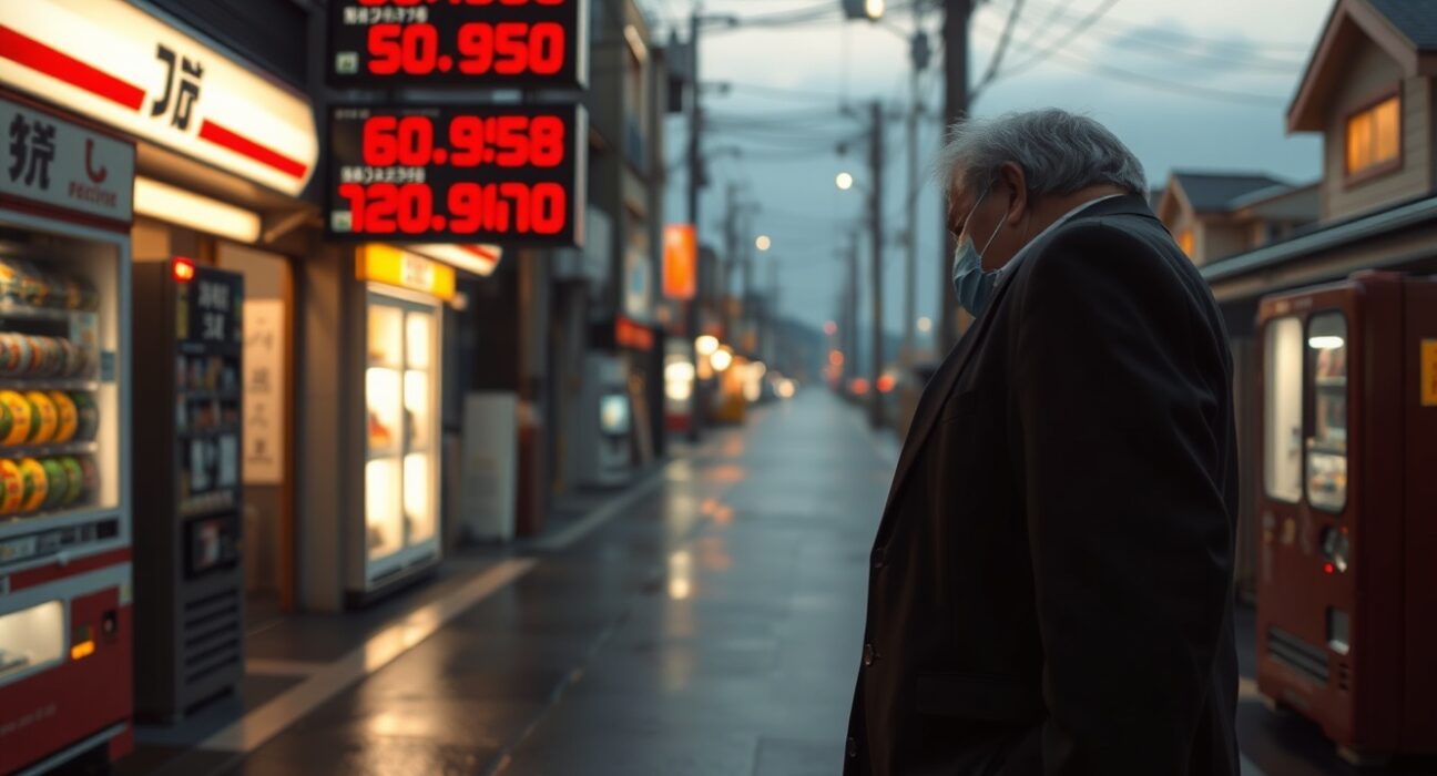 Japanese businessman looking at rising energy price display in a city street at dusk