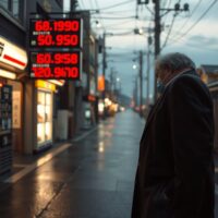 Japanese businessman looking at rising energy price display in a city street at dusk
