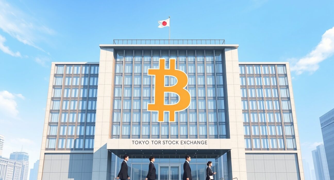 Japan Exchange Group building in Tokyo with a holographic Bitcoin symbol, representing the planned crypto ETF listing by 2027.