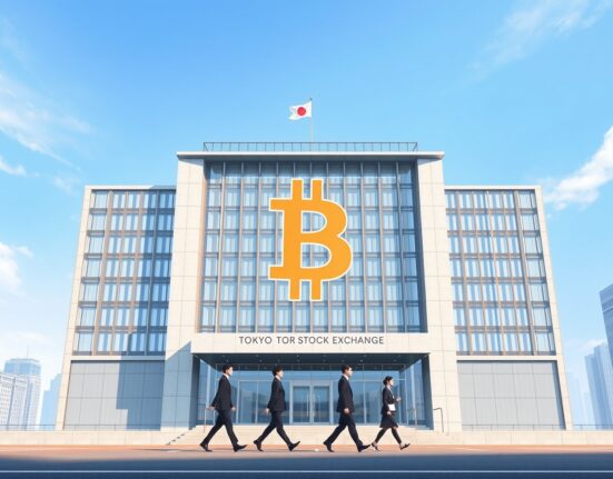 Japan Exchange Group building in Tokyo with a holographic Bitcoin symbol, representing the planned crypto ETF listing by 2027.