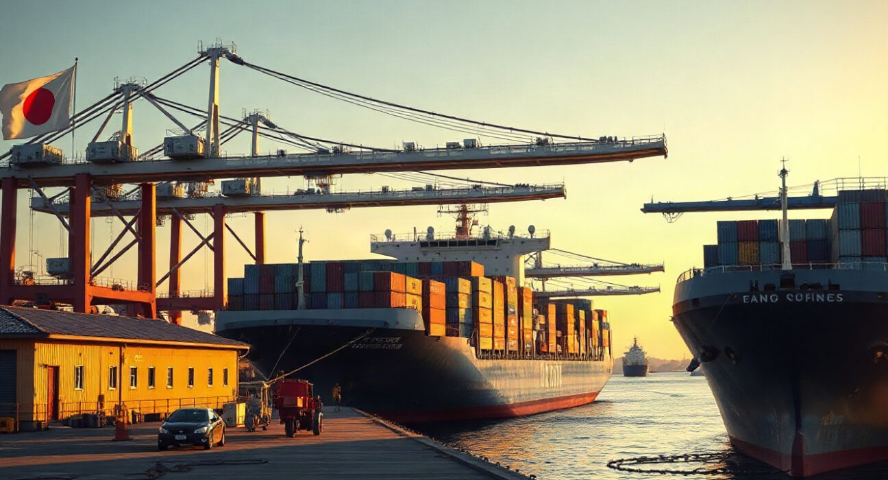 Cargo ship loaded with containers at a Japanese port, symbolizing strong export growth in July.