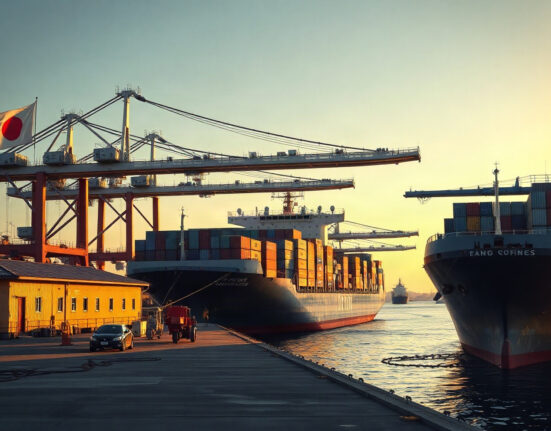 Cargo ship loaded with containers at a Japanese port, symbolizing strong export growth in July.