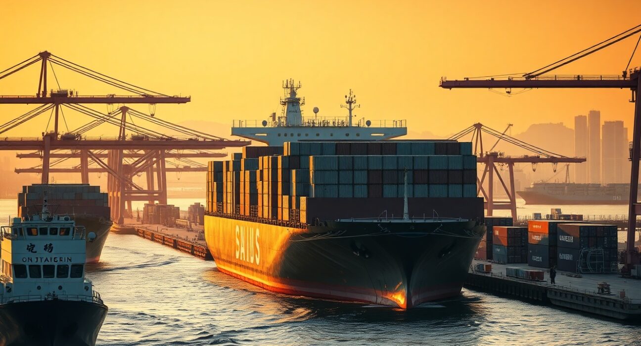 Container ships and cranes at a busy Japanese port during sunrise, representing trade activity.