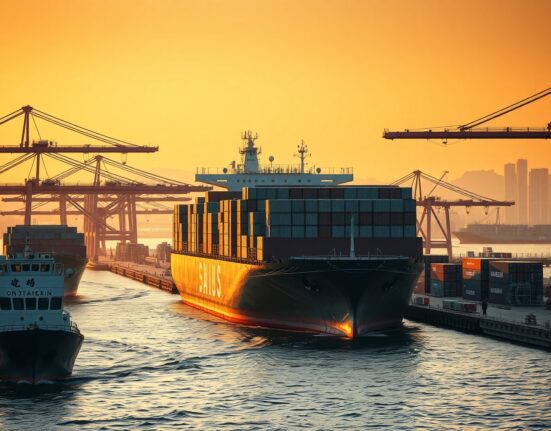 Container ships and cranes at a busy Japanese port during sunrise, representing trade activity.