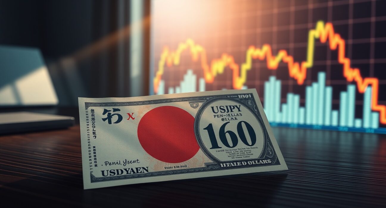 USD/JPY exchange rate nearing 160 with Japanese yen and US dollar banknotes, representing Japan's final warning on currency intervention.