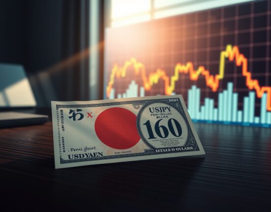 USD/JPY exchange rate nearing 160 with Japanese yen and US dollar banknotes, representing Japan's final warning on currency intervention.