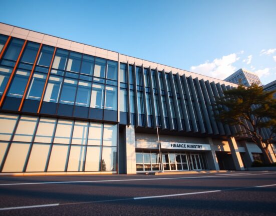 Exterior of Japan's Finance Ministry building in Tokyo on a clear day
