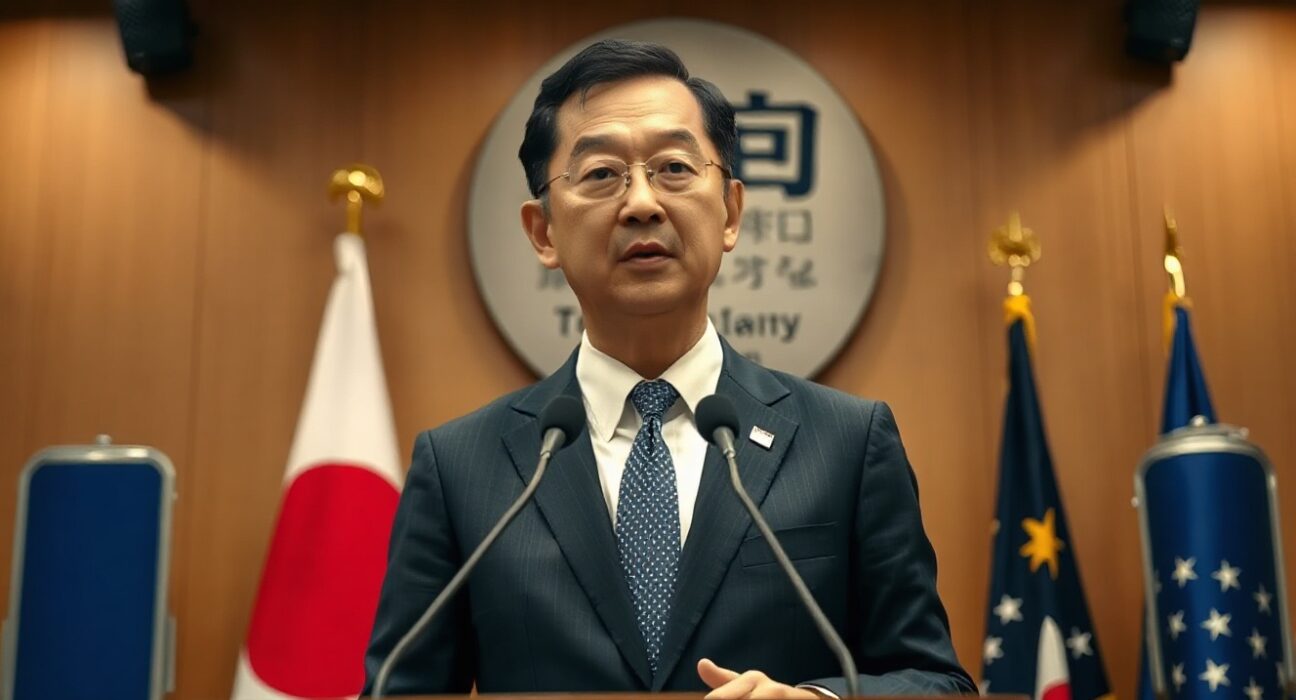 Japan Finance Minister Katayama at a press conference discussing economic and fiscal policy.