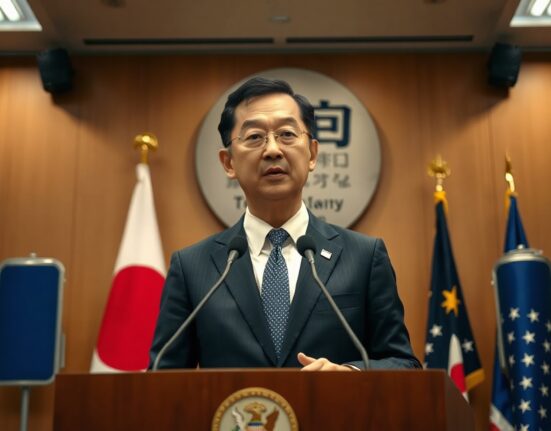 Japan Finance Minister Katayama at a press conference discussing economic and fiscal policy.