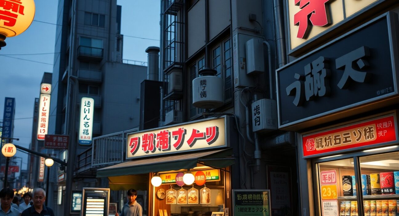 Busy Tokyo street with food and retail stores at dusk, representing Japan's steady inflation signals