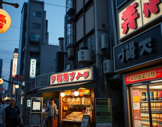 Busy Tokyo street with food and retail stores at dusk, representing Japan's steady inflation signals