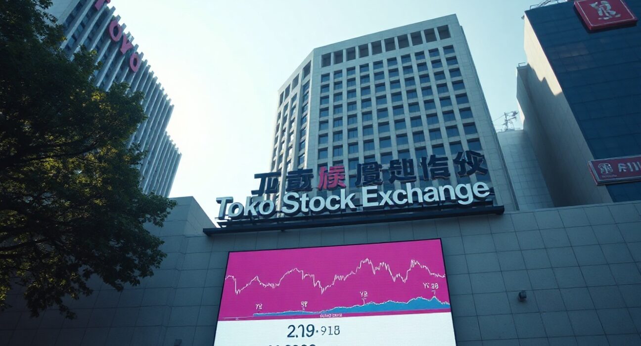 Tokyo financial district building with bond market data on screen