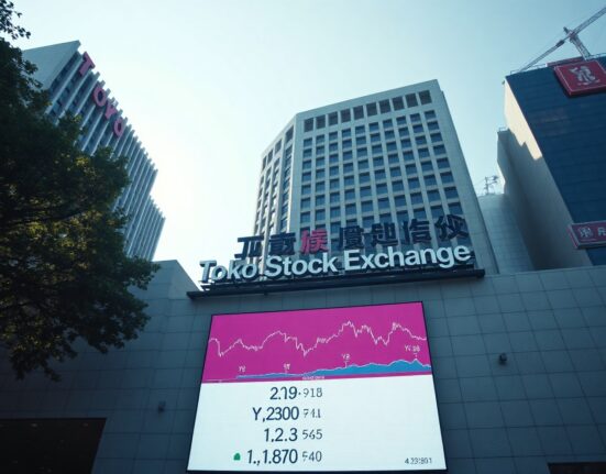 Tokyo financial district building with bond market data on screen