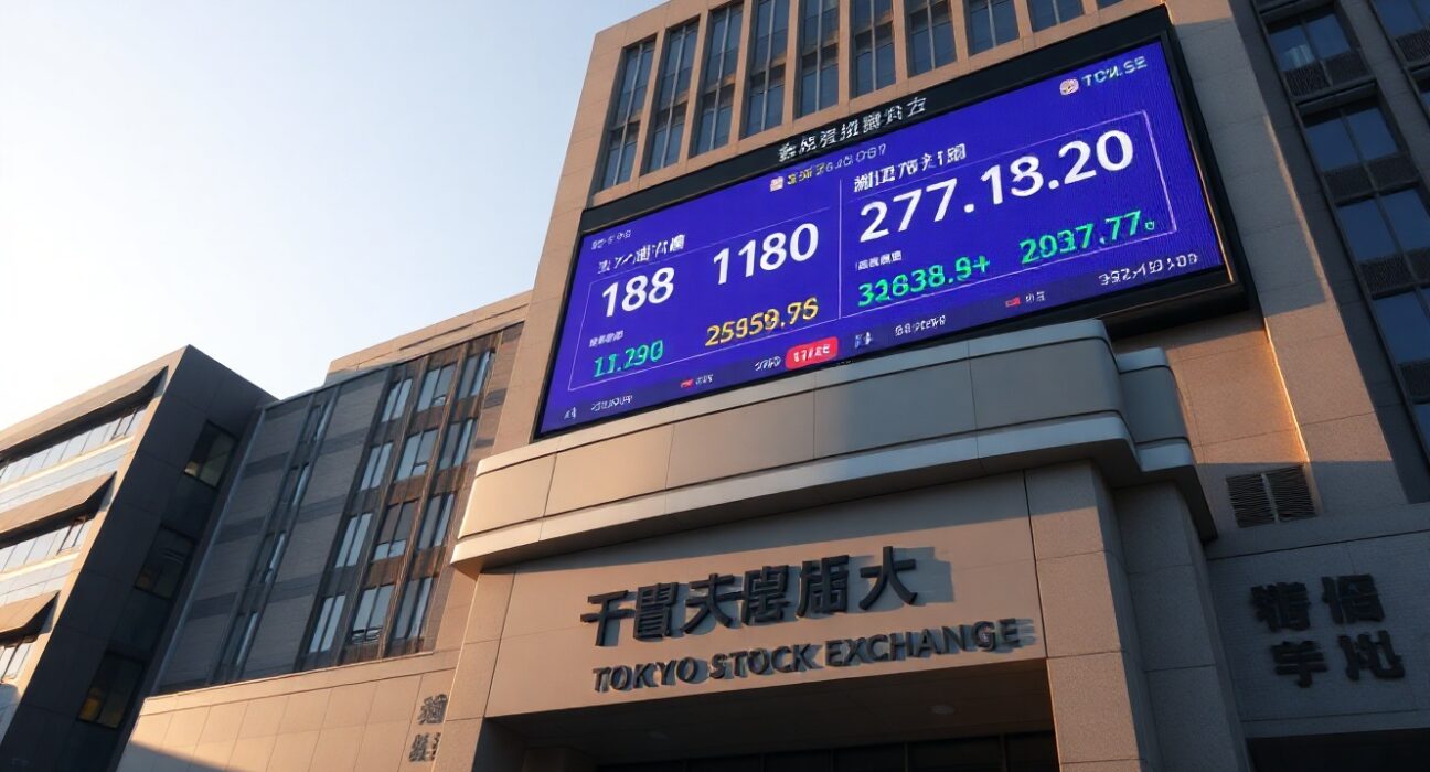Tokyo financial district building with yen and bond market data display