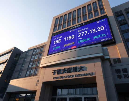 Tokyo financial district building with yen and bond market data display