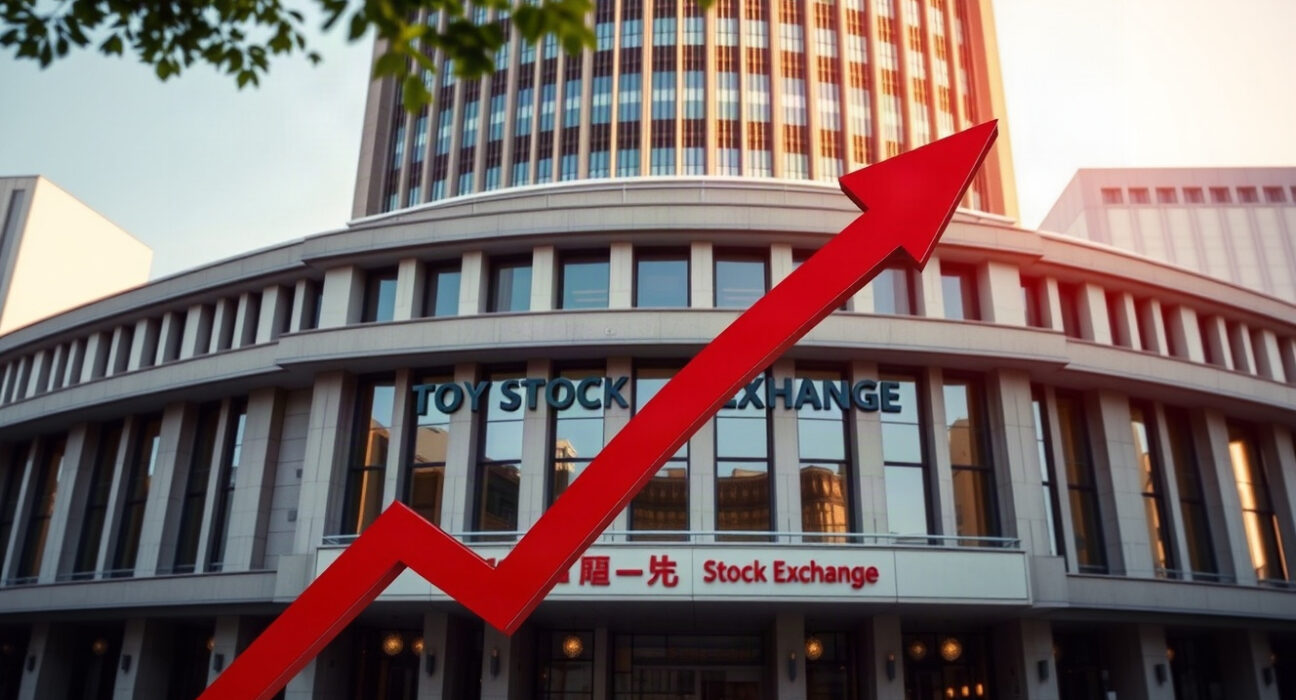 Tokyo Stock Exchange building with graphic arrows indicating capital flow shifts