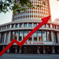 Tokyo Stock Exchange building with graphic arrows indicating capital flow shifts