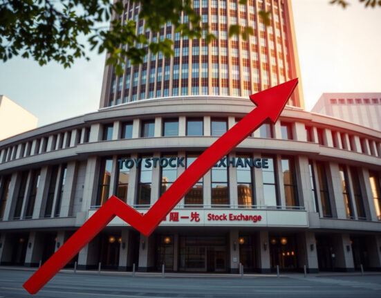 Tokyo Stock Exchange building with graphic arrows indicating capital flow shifts