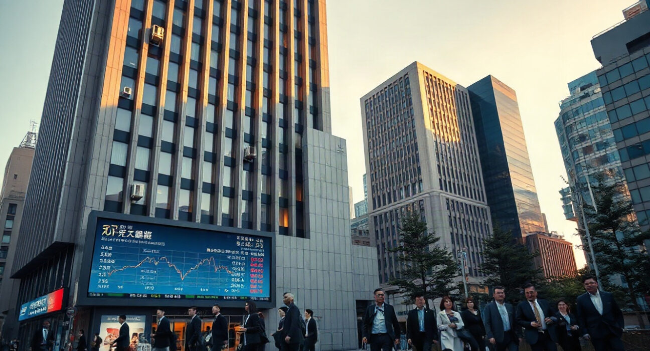 Tokyo financial district with stock ticker showing bond market data, illustrating Japan's foreign bond investment flows.