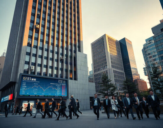 Tokyo financial district with stock ticker showing bond market data, illustrating Japan's foreign bond investment flows.
