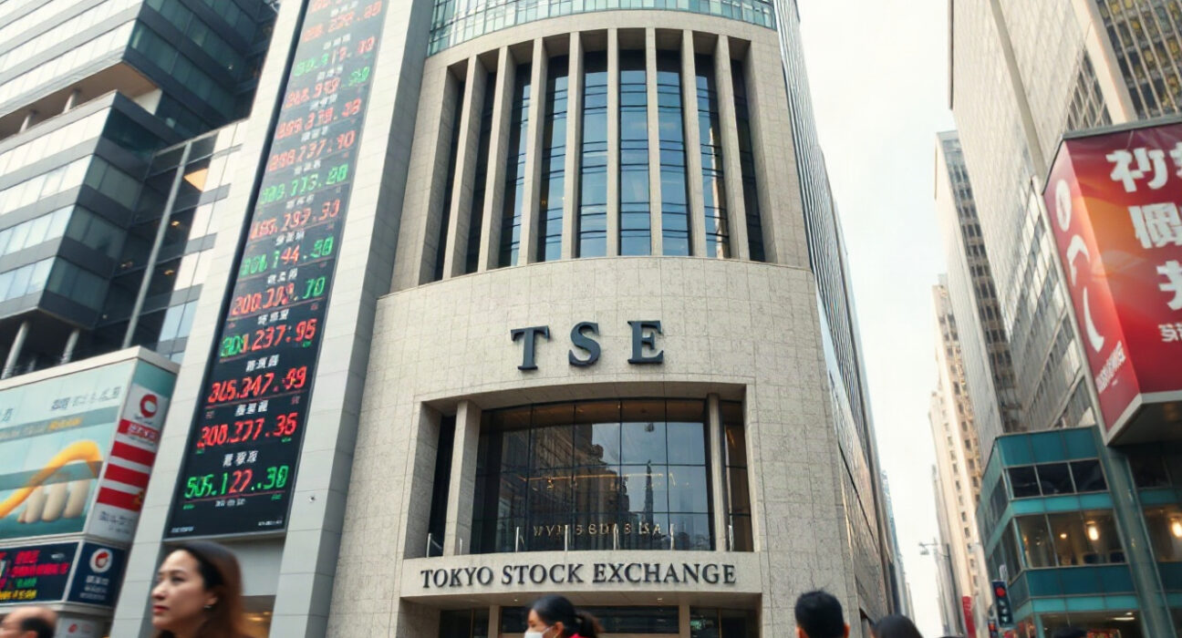 Tokyo Stock Exchange building with electronic ticker board showing stock indices