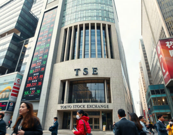 Tokyo Stock Exchange building with electronic ticker board showing stock indices